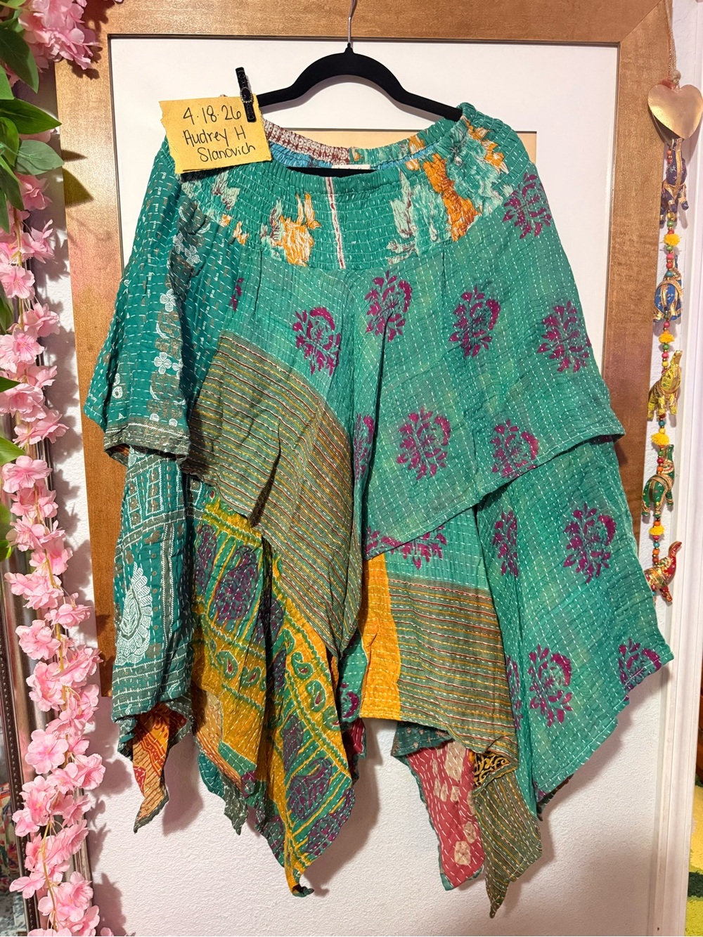 Kantha Bae Kantha Pixie Skirt Boho Tiered Cotton Kantha Skirt in Teal & Mustard